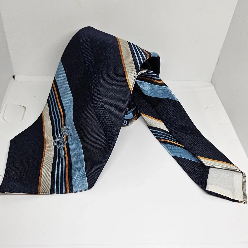 Vintage Necktie Countess Mara Navy Blue Silk Striped Embroidered Crest